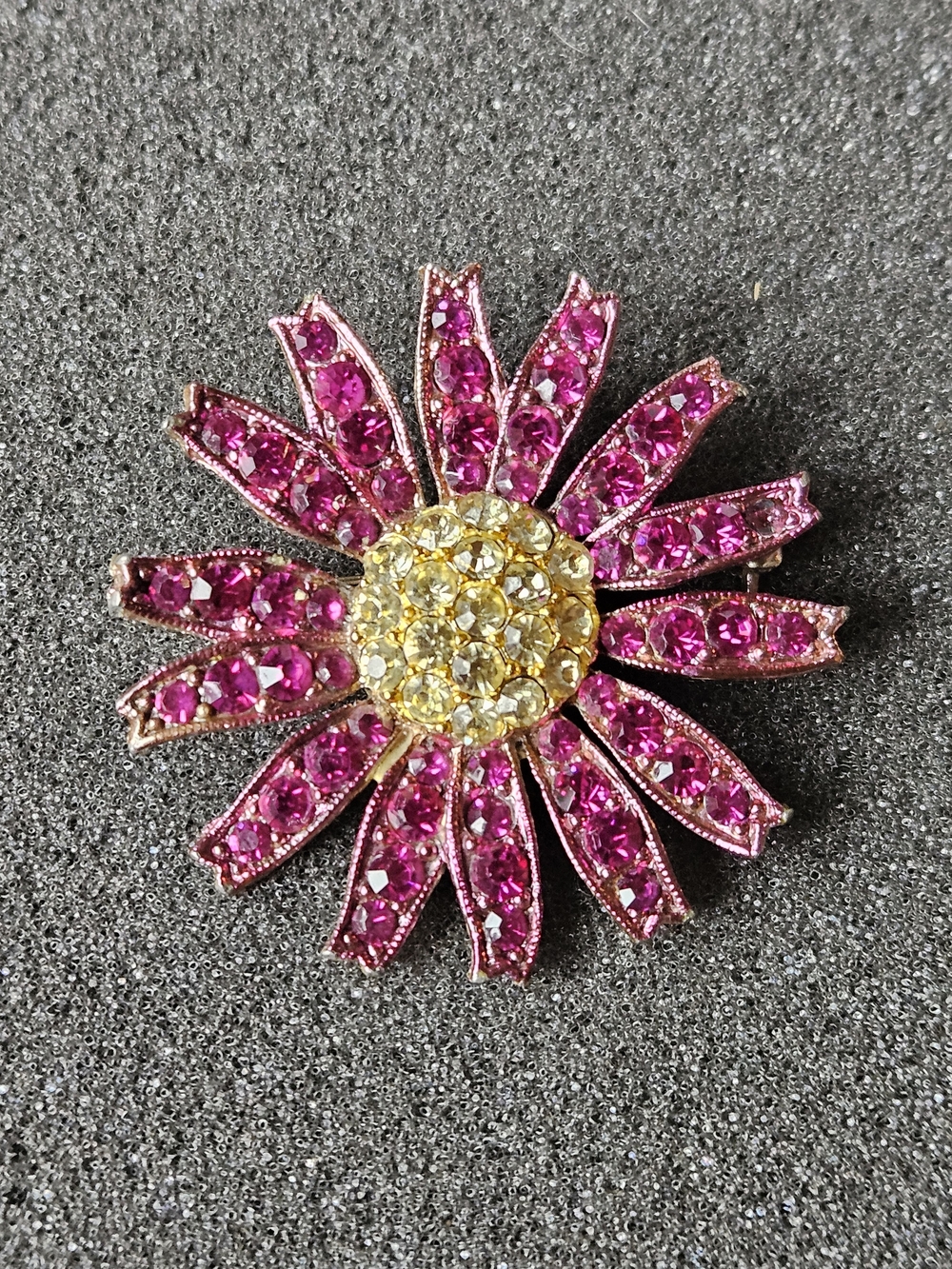 Vintage Pink and Gold Floral Crystal Brooch With White Crystals In Center